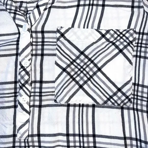 mySTYL Womens Shirt Top Plaid Button Up Long Sleeve Black White Pullover Large - Picture 3 of 9